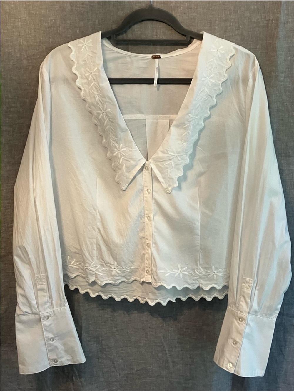 Free People White Cotton Cropped Button-down with Scalloped Details